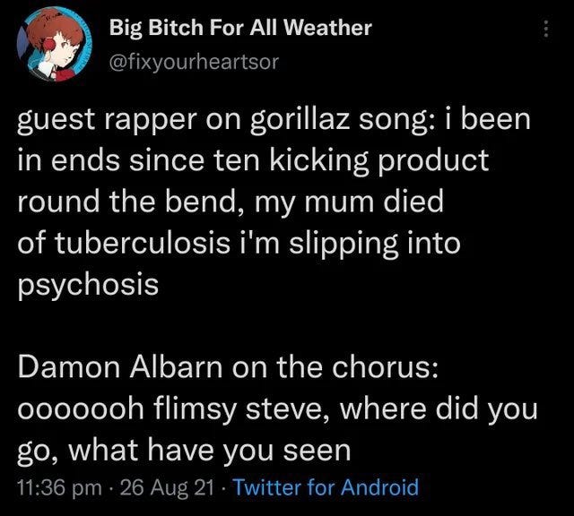 guest rapper on gorillaz song: i been in ends since ten kicking product round the bend, my mum died of tuberculosis i'm slipping into psychosis  Damon Albarn on the chorus: ooooooh flimsy steve, where did you go, what have you seen