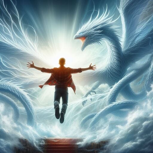 a young man after leaving the the beautiful white dragon's lair spreading his arms wide and being lifted up into the sky as if by and invisible force