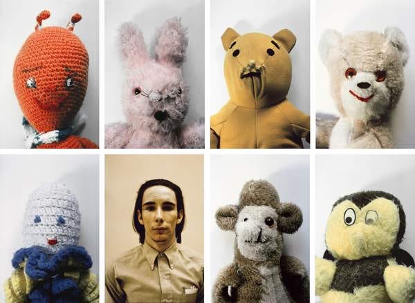 A grid of eight images of old handmade toys shaped like animals and one person, a young acne-scarred young man with a black bob and buttoned up shirt. All are presented like portraits.