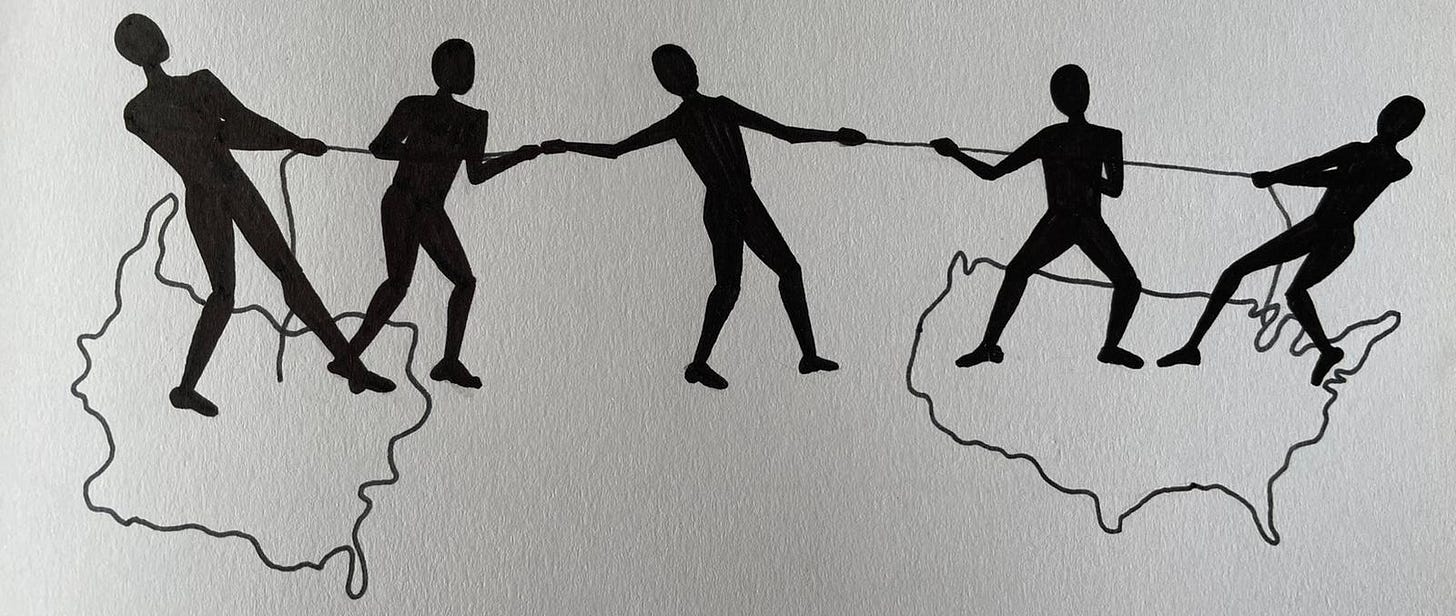  five illustrated human figures stretch a rope between outlines of Colombia and the United States