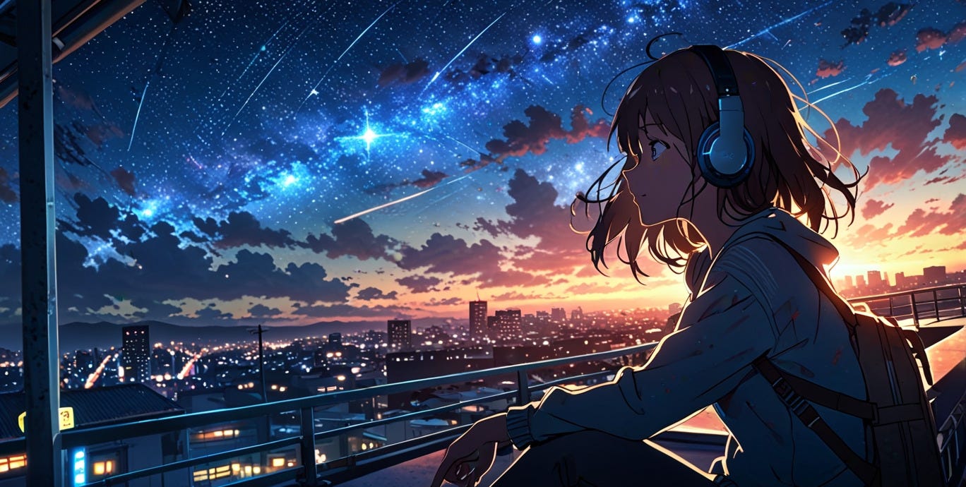 Ilustración estilo manga de una mujer que escucha música en la terraza de un edificio