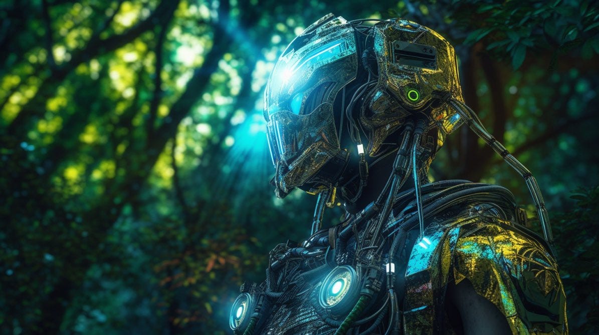 a stunning hyper realistic image of a cybernetic solarpunk glowing with neon green energy standing in a multicolored forest at night as the moon shins overhead casting a shadow on him with a particular focus on his highly detailed mechanical features and his highly advanced technology, EF 50mm f/1.8 lens, award-winning photography, sci fi fantasy, --ar 16:9