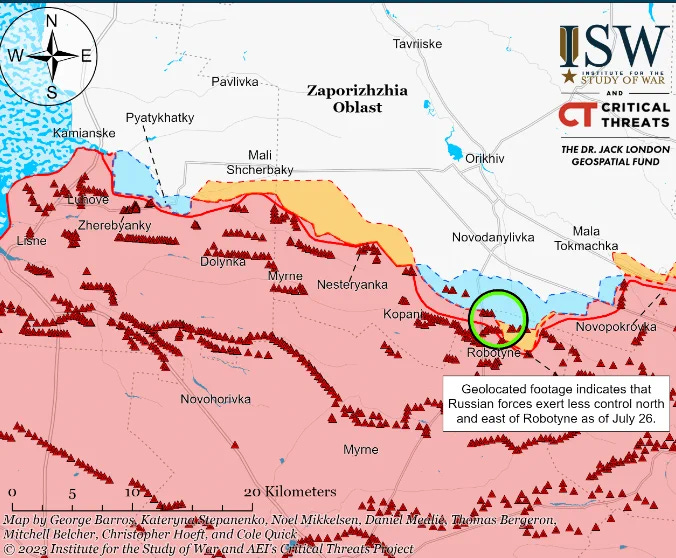 Screenshot from the ISW report: assessed control of terrain around Robotyne, Zaporizhzhia Oblast, as of 26 July, 2023.