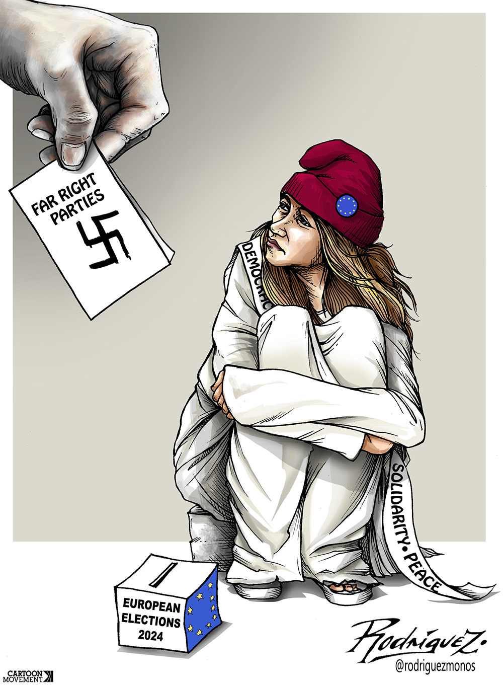 Cartoon showing the French symbol Marianne sitting on a street corner. Her red hat has the logo of the European Union on it. In front of her is a ballot box labeled 'European elections 20204. She is looking desperate, huddled with her arms around her knees, while a big hand is reaching for the ballot box to put in a paper with a swastika on it.