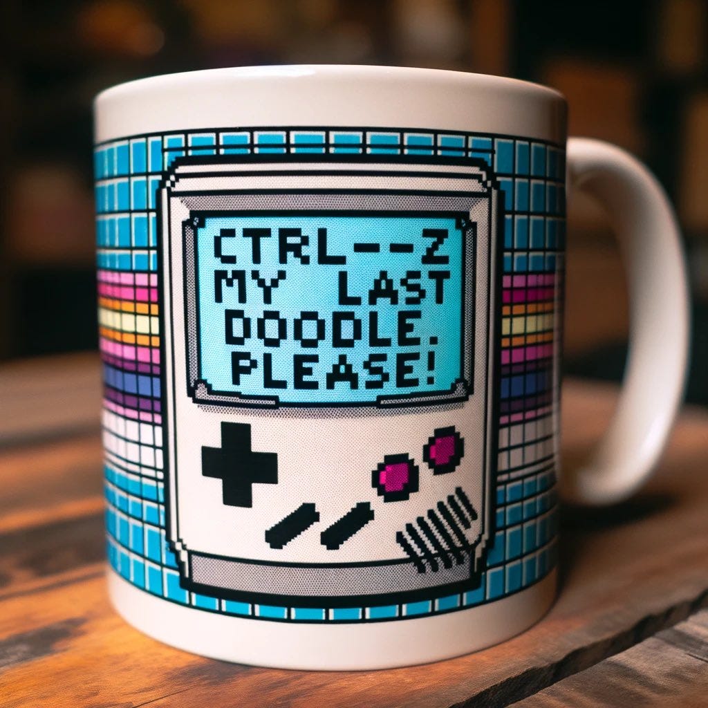 Photograph of an artistic ceramic mug with a retro computer screen background. On the mug, there's a humorous text that says 'Ctrl+Z my last doodle, please!'. The mug showcases pixelated art and is placed on a wooden table