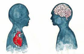 A painting of two blue human shaped figures facing each other, the right with a red brain the left with a red heart contrasting their blue bodies.