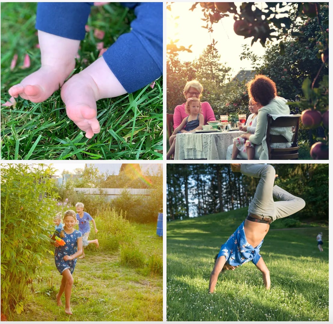 children, babies and adults playing in a garden and eating at a table in a field