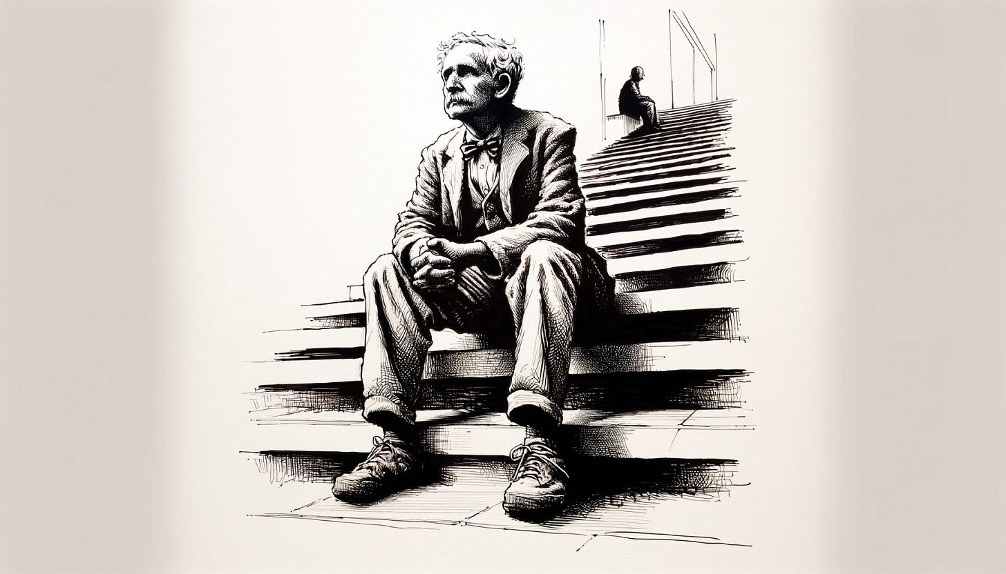 An ink drawing with heavy lines depicting an individual sitting on stairs, capturing a lifetime of ponderous rumination. The artwork should convey a deep sense of introspection and curiosity. The person is portrayed in a thoughtful, contemplative pose, gazing into the distance. The background and surroundings are minimalist, focusing on the expression and posture of the individual. The heavy ink lines should add a dramatic and profound depth to the image, emphasizing the weight of a lifetime of thought and learning. The overall style should be stark yet expressive, highlighting the individual's journey of intellectual and emotional exploration.