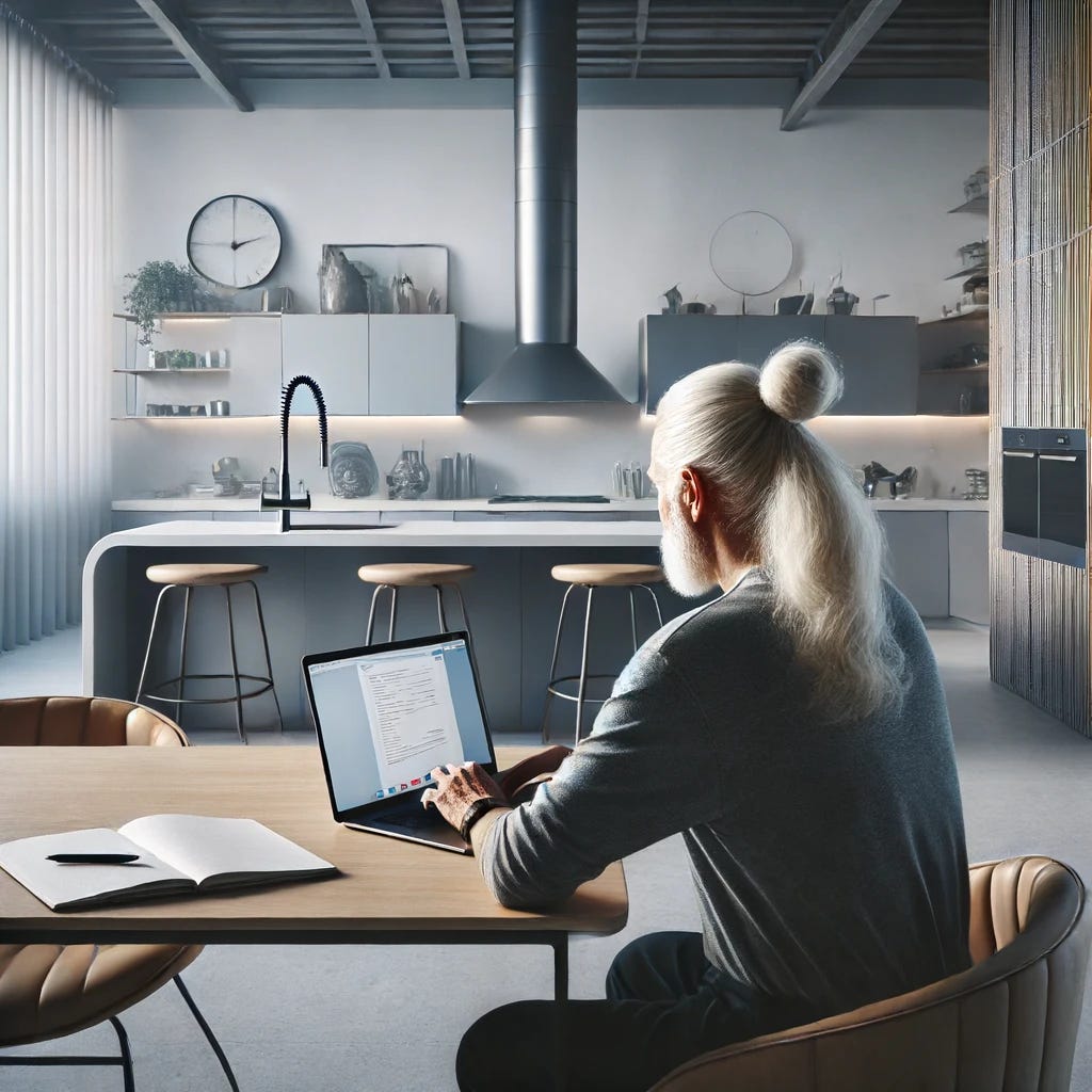 An 80-year-old man with a ponytail sitting in front of a MacBook Pro in an ultra-modern kitchen. The kitchen features sleek, high-tech appliances, a minimalist design with glossy surfaces, and an island with bar stools. The man is seen from behind, sitting at a stylish table, focused on his laptop, with a contemplative expression, perhaps writing. A notepad and pen are also on the table. The scene captures the essence of creativity and the transformation of ideas into tangible form.