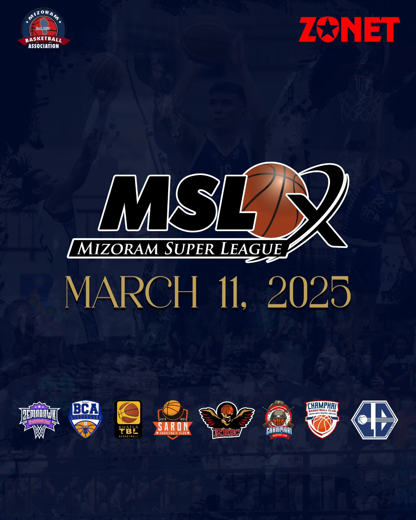 May be a graphic of 1 person, playing basketball and text that says 'MIZORAM AM BASKETBALL ASSOCIATION ASSOCIATION ZONET MIZORAM SUPER MSLIX LEAGUE MARCH 11, 2025 BCA TB SARON MAILI 特品日 CHRMPHRI CAROPIAAI'