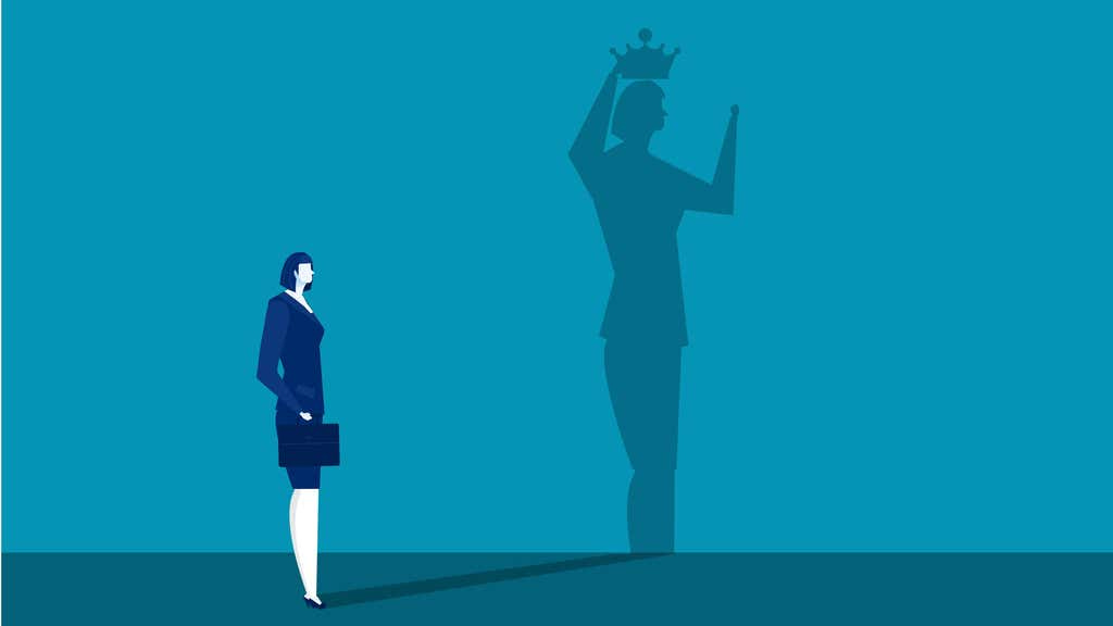 An illustration of a woman wearing a suit, carrying a briefcase, her shadow is cast against a wall depicting a crown on her head