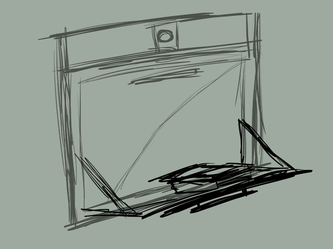 rough sketch of a trash compactor with the open and closed versions of the chute door overlaid