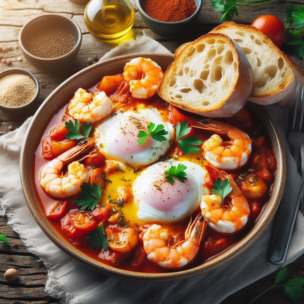 shakshuka com camarão e pães