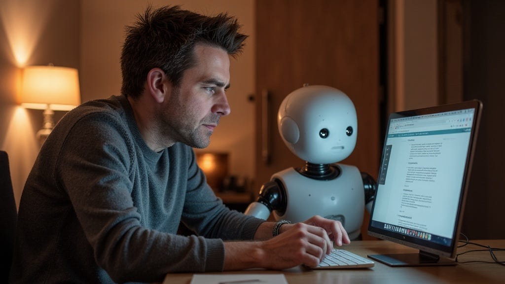 AI-generated image of the author and a cute humanoid robot staring at a document on a computer screen