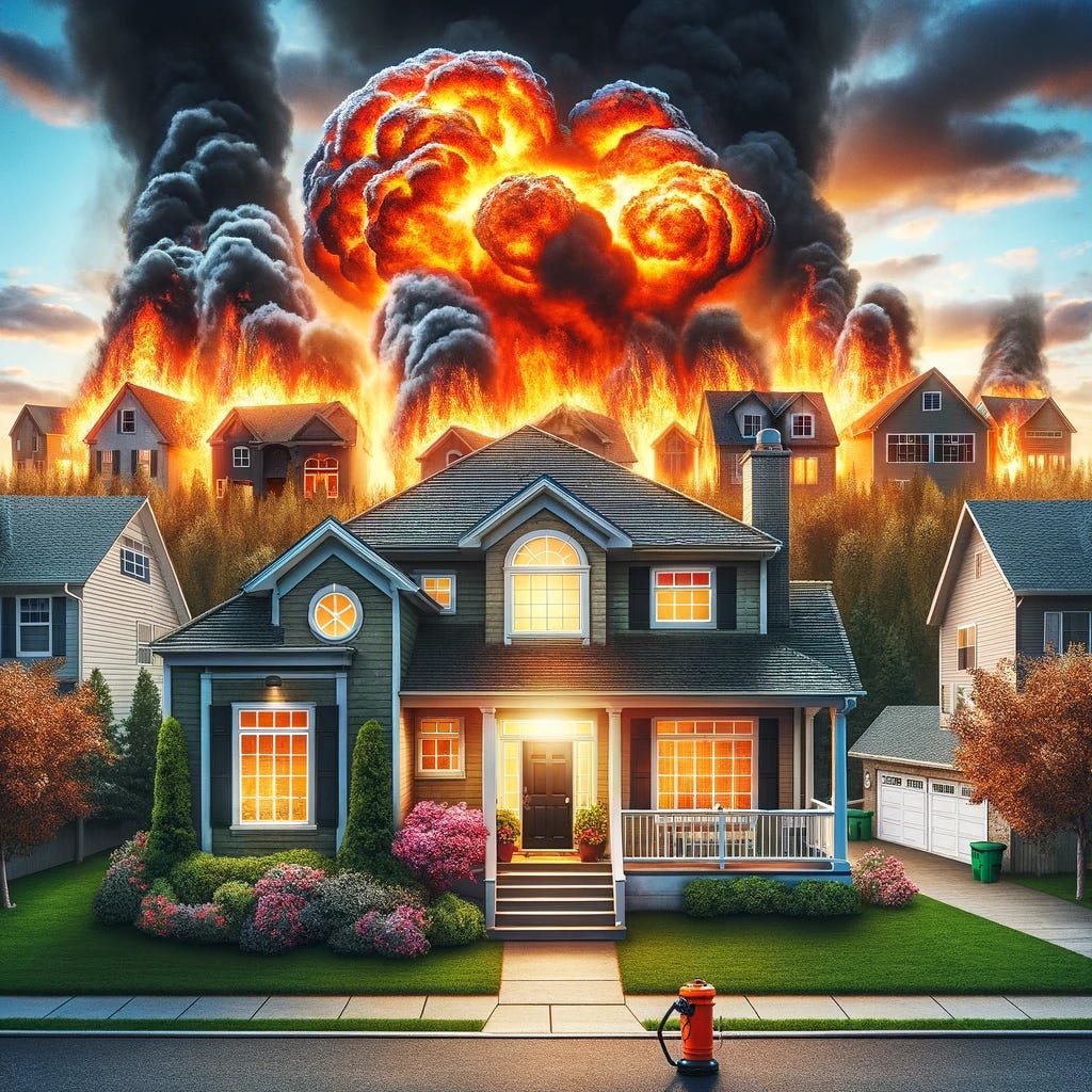 A compelling and metaphorical image for a newsletter, focusing on the theme of rising home foreclosures in the U.S. without using the word 'foreclosure' or specific numbers. The scene features a typical suburban house, well-kept and peaceful. In the background, a dramatic and large-scale fire is engulfing other parts of the neighborhood, creating a powerful visual metaphor for economic turmoil and instability in the housing market. The sky is filled with smoke, enhancing the sense of an unfolding crisis. The image is designed to be impactful and thought-provoking, suitable for the newsletter's topic.