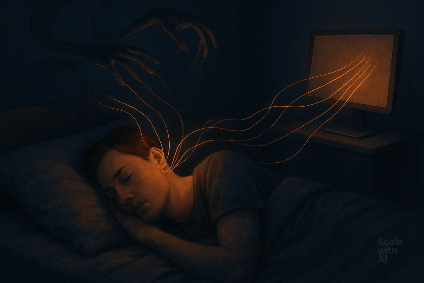 Visual Concept 2: EMOTIONAL / METAPHORICAL Title: “The Silent Theft”  Concept: A person asleep in bed, unaware as thin, invisible hands pull glowing threads of thought from their head into a distant server or screen.  Composition: Mid-range horizontal shot from above, bedroom in dim light.  Lighting: Soft night lighting with ethereal glow from threads being pulled.  Color Palette: Dark —deep orange soft glows.  Depth of Field: Medium, with focus on subject and threads.  Texture: Soft bedding vs. sleek, unnatural thread glow.  Human Elements: Single sleeping figure; serene expression, emphasizing unawareness.  Environment: Cozy, relatable interior, made eerie by the unseen extraction.