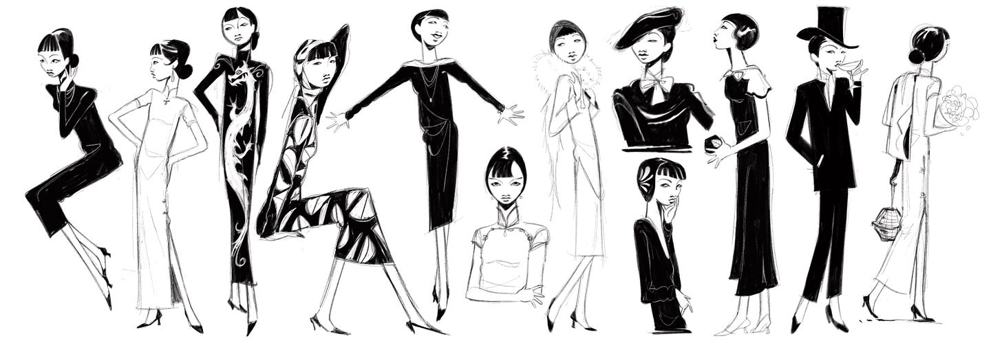 many versions for AMW illustrated in black and white wearing some of her well known fashions