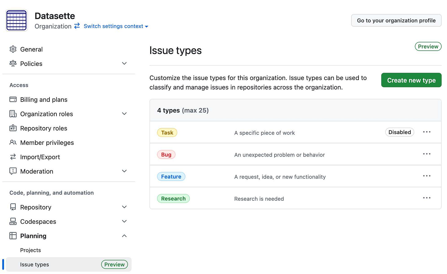 Screenshot of Datasette organization settings page showing issue types configuration. Left sidebar shows navigation options including General, Policies, Access, etc. Main content shows 4 issue types: Task ("A specific piece of work"), Bug ("An unexpected problem or behavior"), Feature ("A request, idea, or new functionality"), and Research ("Research is needed"). A "Create new type" button appears in top right.