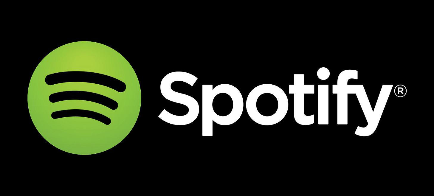 The Spotify logo of three black lines in a green circle with Spotify in white text on a black background The Spotify logo of three black lines in a green circle with Spotify in white text on a black background