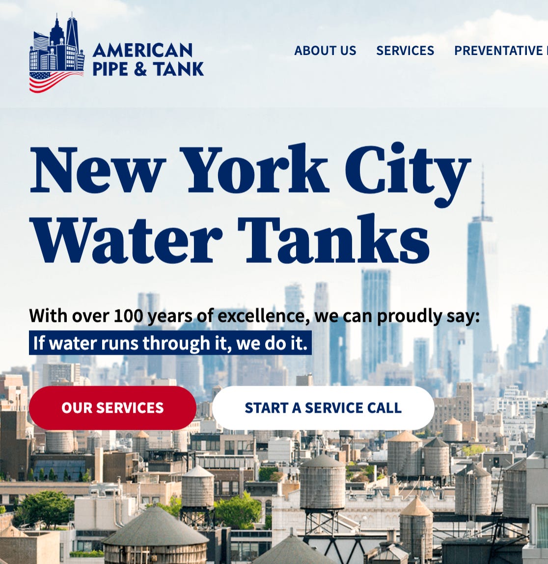 A screenshot of the New York City Water Tanks section of the American Pipe & Tank website. It reads "With over 100 years of excellence, we can proudly say: 'if water runs through it, we do it.'”