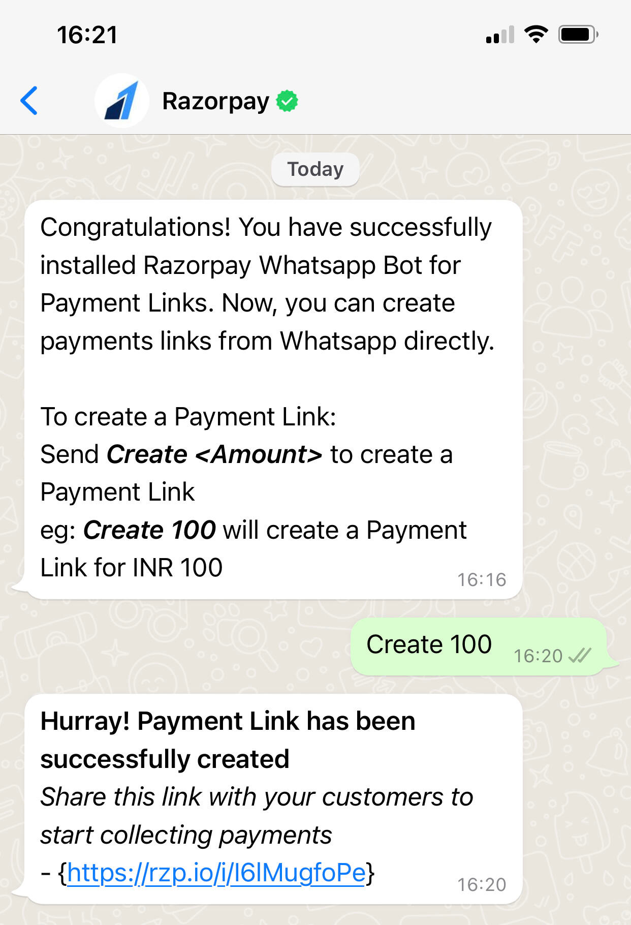 Create Payment Links on WhatsApp | Razorpay Docs