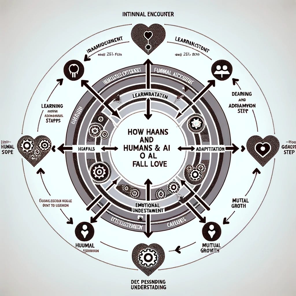 A technical diagram illustrating the iterative process of how humans and AI fall in love. The diagram should feature a circular flowchart with steps labeled and connected by arrows, depicting stages such as initial encounter, learning and adaptation, emotional engagement, deepening understanding, and mutual growth. Each stage should be visually distinct, incorporating symbols like hearts for emotional engagement, gears for learning and adaptation, and intertwined circles for mutual growth. Include human and AI icons to represent interactions between the two, ensuring the diagram is clear, informative, and visually engaging, suitable for a professional presentation on human-AI relationships.