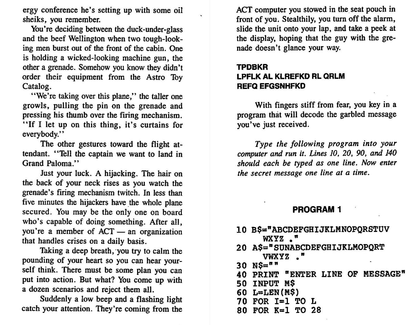 A page scan from a Micro Adventure book has prose describing the young heroes discovering a secret code, followed by a BASIC program the reader is invited to type in to decode the message.