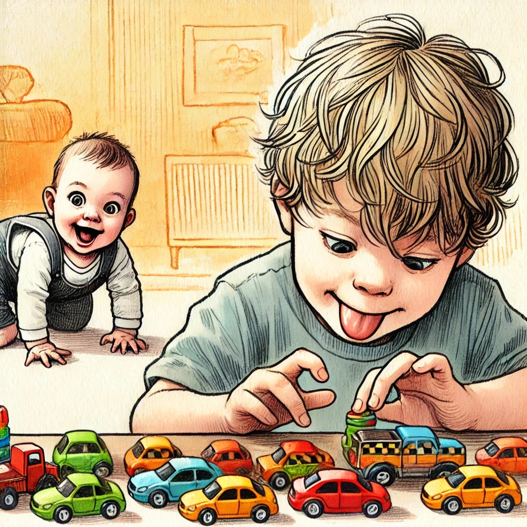 A boy intensely lines up toy cars on a table while his baby sister crawls toward him with a playful, curious smile, like a tiny, adorable predator.