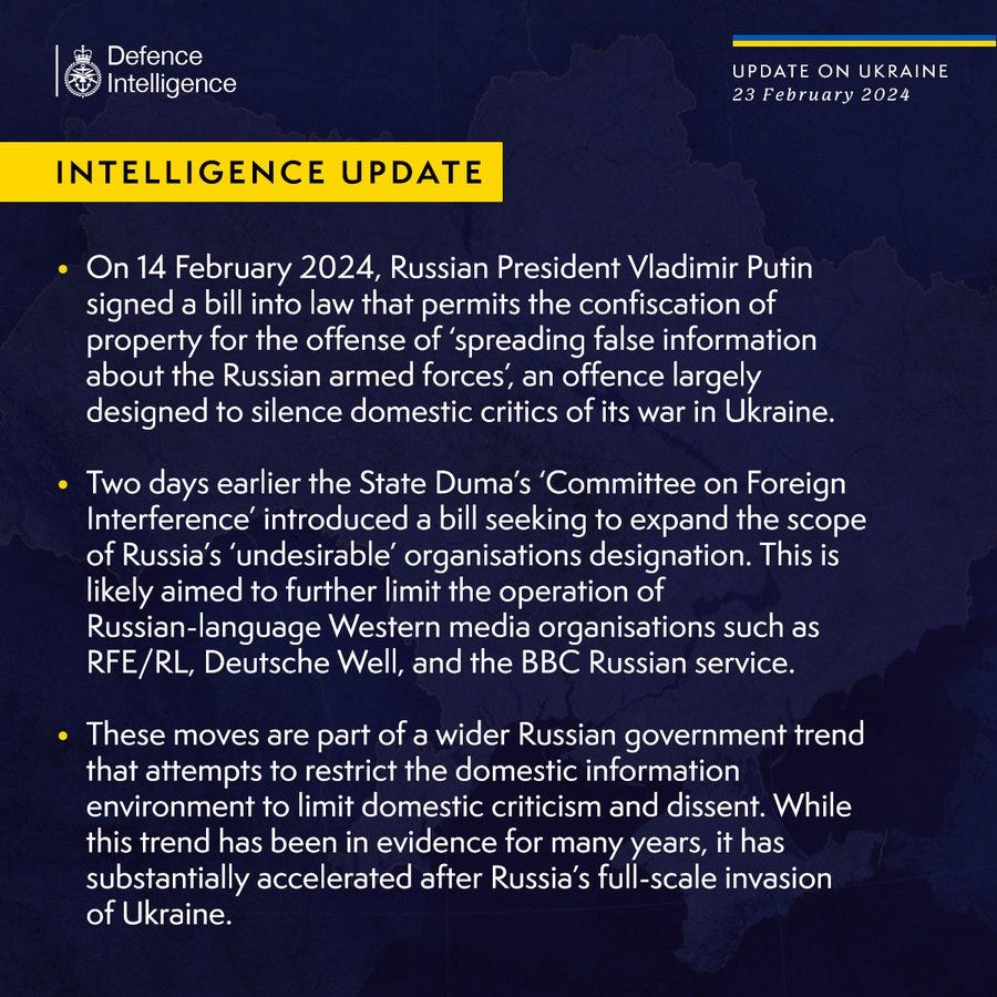 On 14 February 2024, Russian President Vladimir Putin signed a bill into law that permits the confiscation of property for the offense of ‘spreading false information about the Russian armed forces’, an offence largely designed to silence domestic critics of its war in Ukraine.
 
Two days earlier the State Duma’s ‘Committee on Foreign Interference’ introduced a bill seeking to expand the scope of Russia’s ‘undesirable’ organisations designation. This is likely aimed to further limit the operation of Russian-language Western media organisations such as RFE/RL, Deutsche Well, and the BBC Russian service.
 
These moves are part of a wider Russian government trend that attempts to restrict the domestic information environment to limit domestic criticism and dissent. While this trend has been in evidence for many years, it has substantially accelerated after Russia’s full-scale invasion of Ukraine.