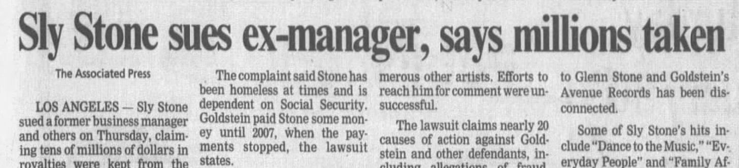 Headline about Sly Stone's lawsuit