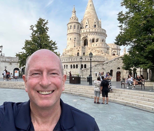 Author Robert J. Hutchinson atop Budapest's Fisherman's Bastion fortress