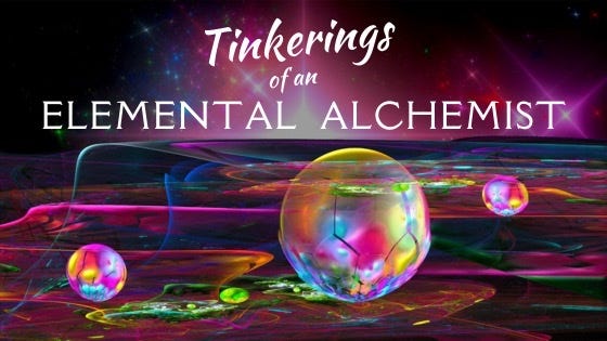 Three iridescent baubles float upon a rainbow sea beneath glittering astronomical wonders: Tinkerings of an Elemental Alchemist Three iridescent baubles float upon a rainbow sea beneath glittering astronomical wonders: Tinkerings of an Elemental Alchemist
