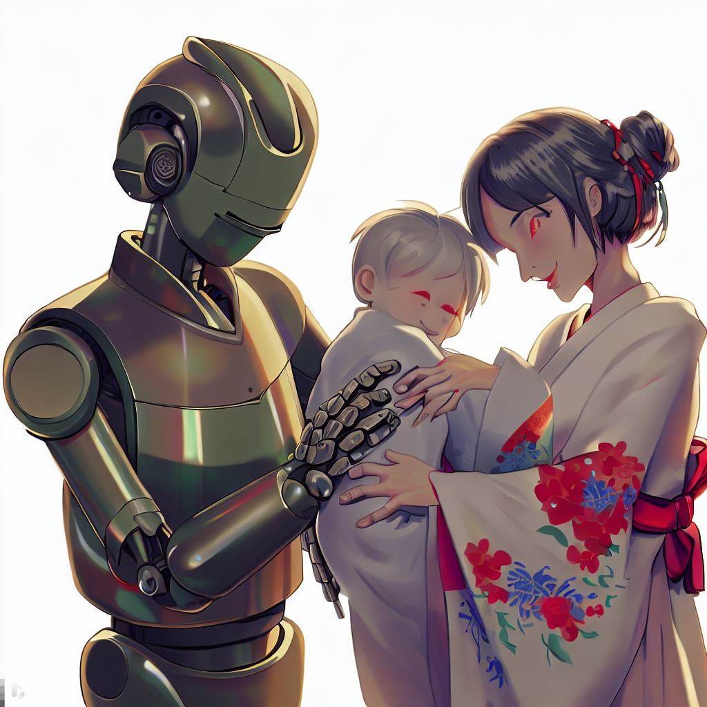 androids embracing children and old people in the anime japanese style