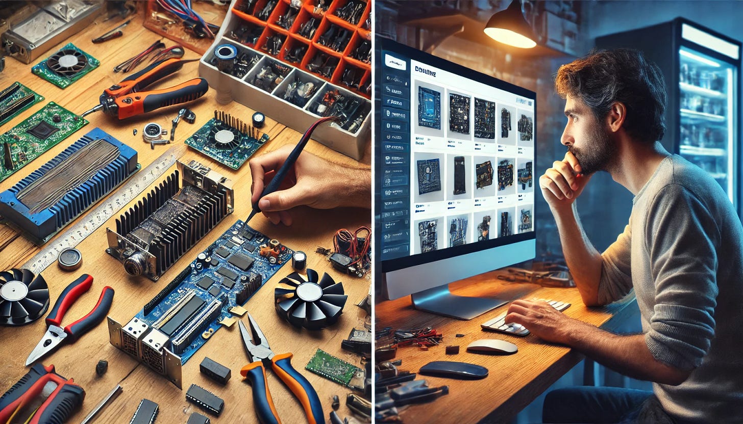 A split-screen image showing the difference between making and buying hardware. On the left side, an engineer is meticulously assembling a complex device by hand in a workshop filled with tools and electronic components. On the right side, another engineer is sitting in front of a computer, browsing through a catalog of ready-made hardware items. The left side has a hands-on, intricate, and workshop-like feel, while the right side is more modern, streamlined, and tech-oriented.