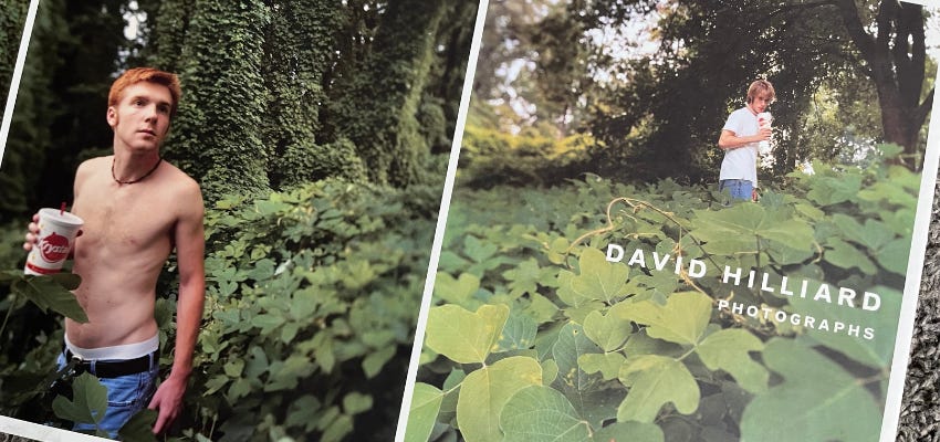 Two young men looking at each other in a dense growth of kudzu