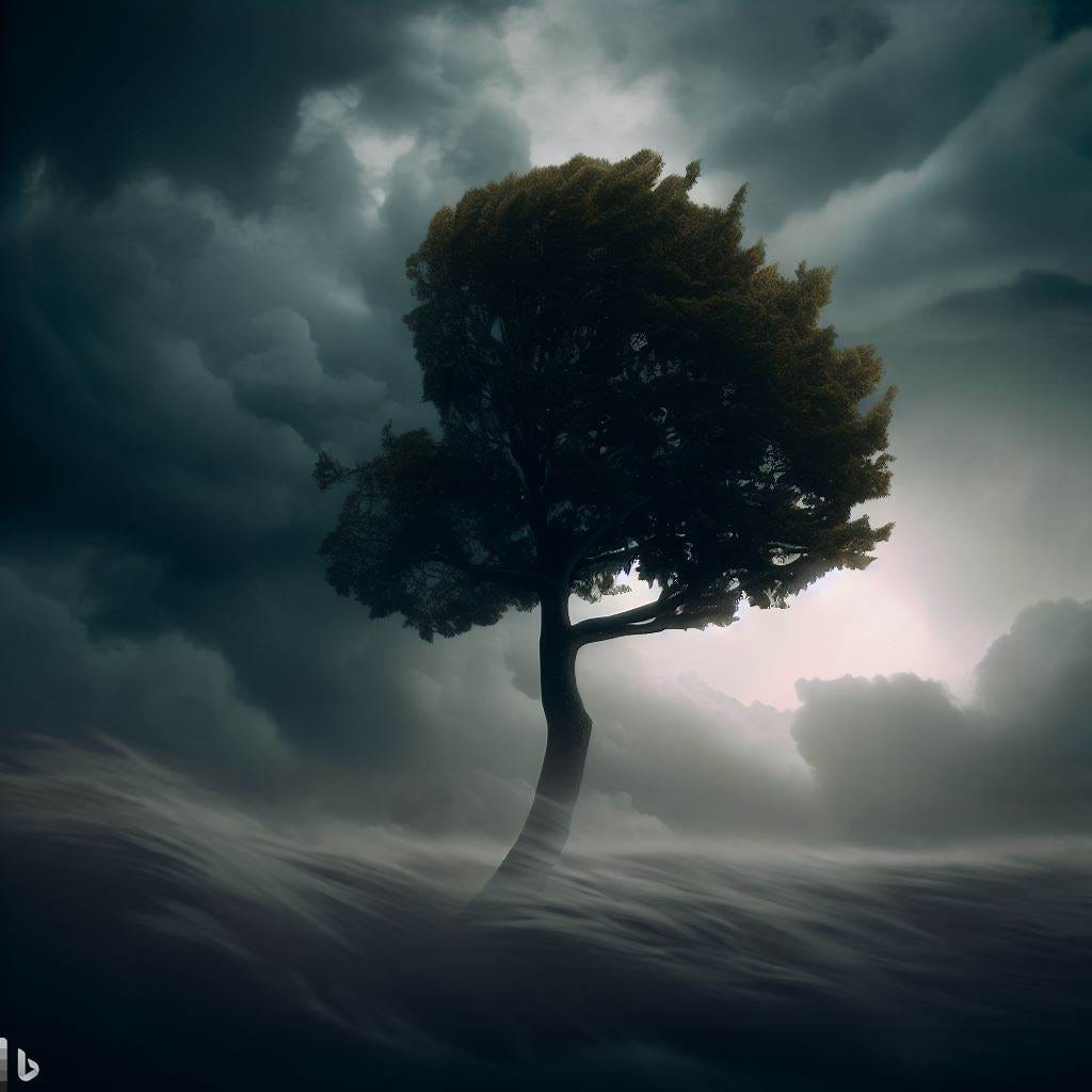 I want an image of a lone, resilient tree standing tall amidst a raging storm. 