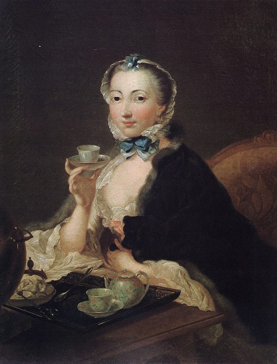 Eighteenth-century portrait of a woman seated beside a small table with a teapot. She is holding a cup and saucer.