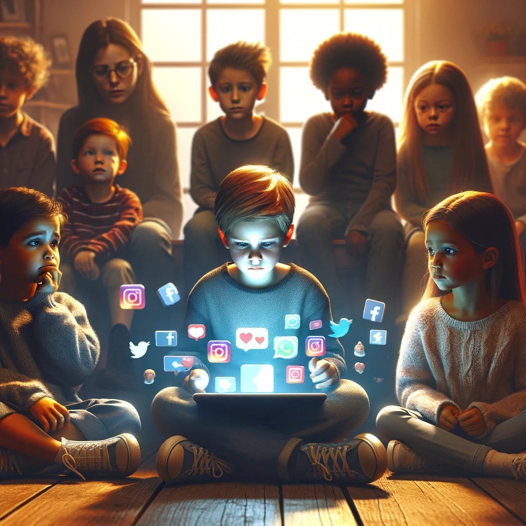 A conceptual image portraying children's awareness of online safety in a non-eerie, more neutral setting. The scene shows a diverse group of children sitting together, looking at a tablet displaying social media icons. The children's expressions are thoughtful and cautious, suggesting awareness and education about online safety. The environment is a brightly lit, comfortable room, symbolizing a safe and controlled space for internet exploration. The image should convey a positive message about being informed and careful on social media, rather than fear or apprehension.
