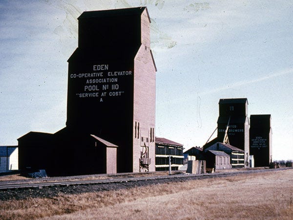Manitoba Pool grain elevator A at Eden, with the United Grain Growers and Pool B elevators in the background Manitoba Pool grain elevator A at Eden, with the United Grain Growers and Pool B elevators in the background