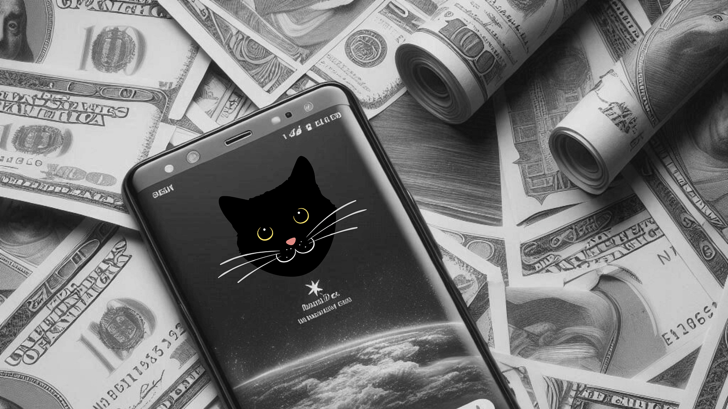 Image of smartphone and a cat face surrounded by dollar bills