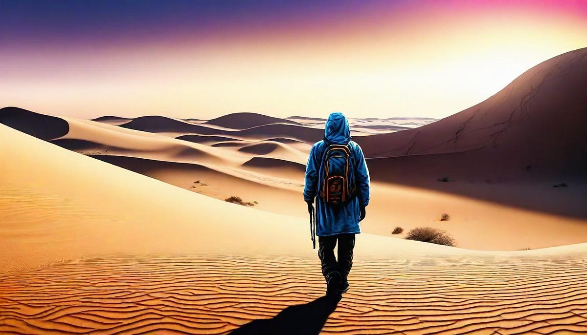 Lone figure walking in sand dunes