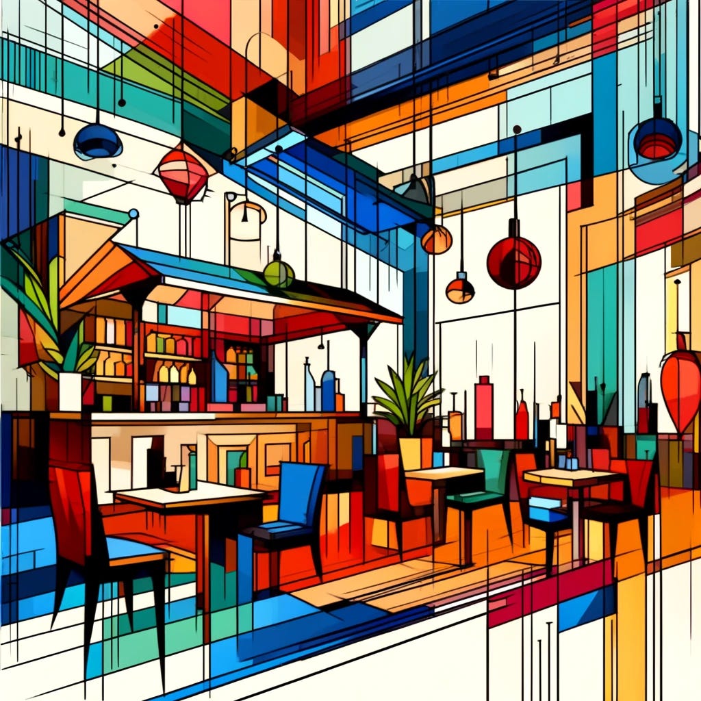Abstract artistic style drawing of a restaurant. The image should emphasize bold shapes, vibrant colors, and a dynamic composition that suggests the interior of a restaurant without focusing on realistic details. The scene should be lively, using geometric patterns and a colorful palette to create a sense of energy and movement, typical of abstract art.