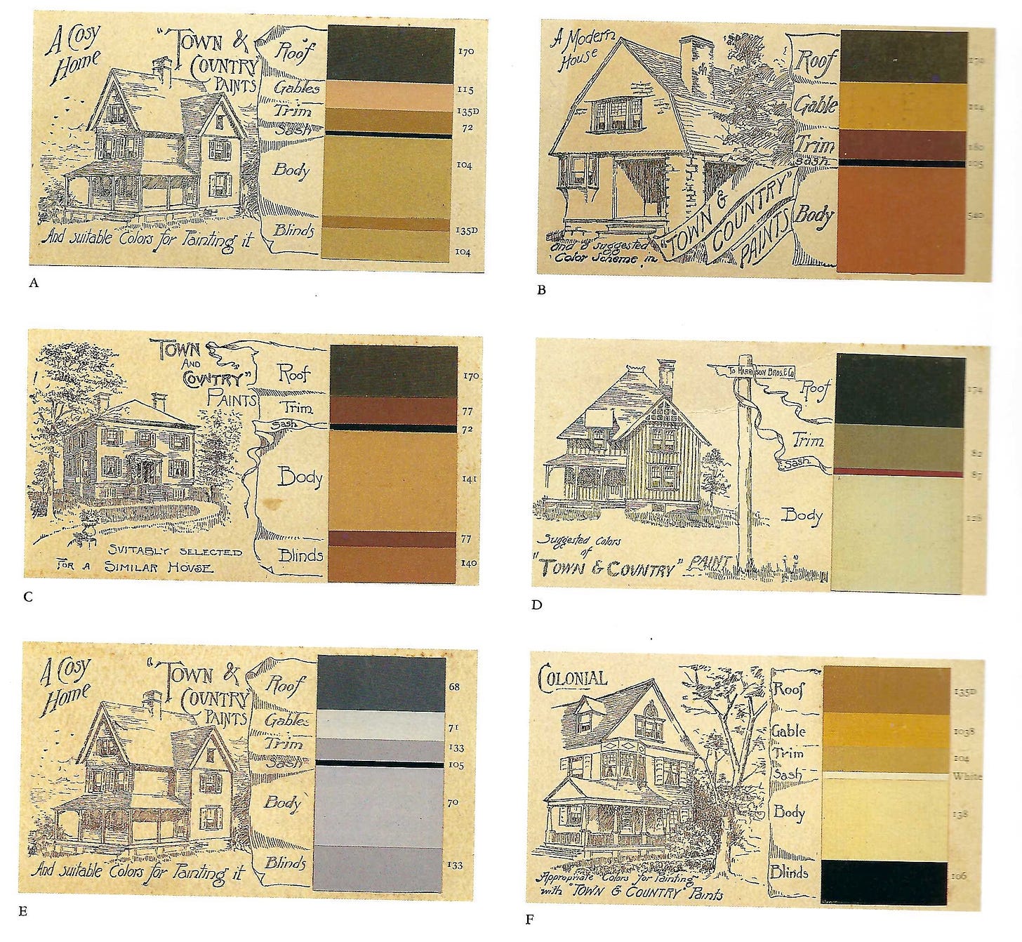 Six paint cards, each featuring a line drawing of a different style of Victorian house and several paint colors that are recommended for the body, sash, trim, and roof.
