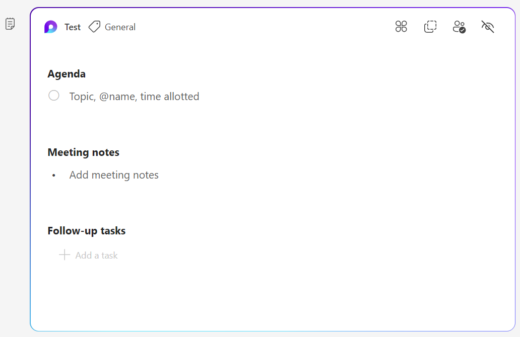 The default meeting notes experience after clicking "Add an agenda others can edit". It contains an agenda checklist, a meeting notes bulleted list, and a follow-up tasks task list.