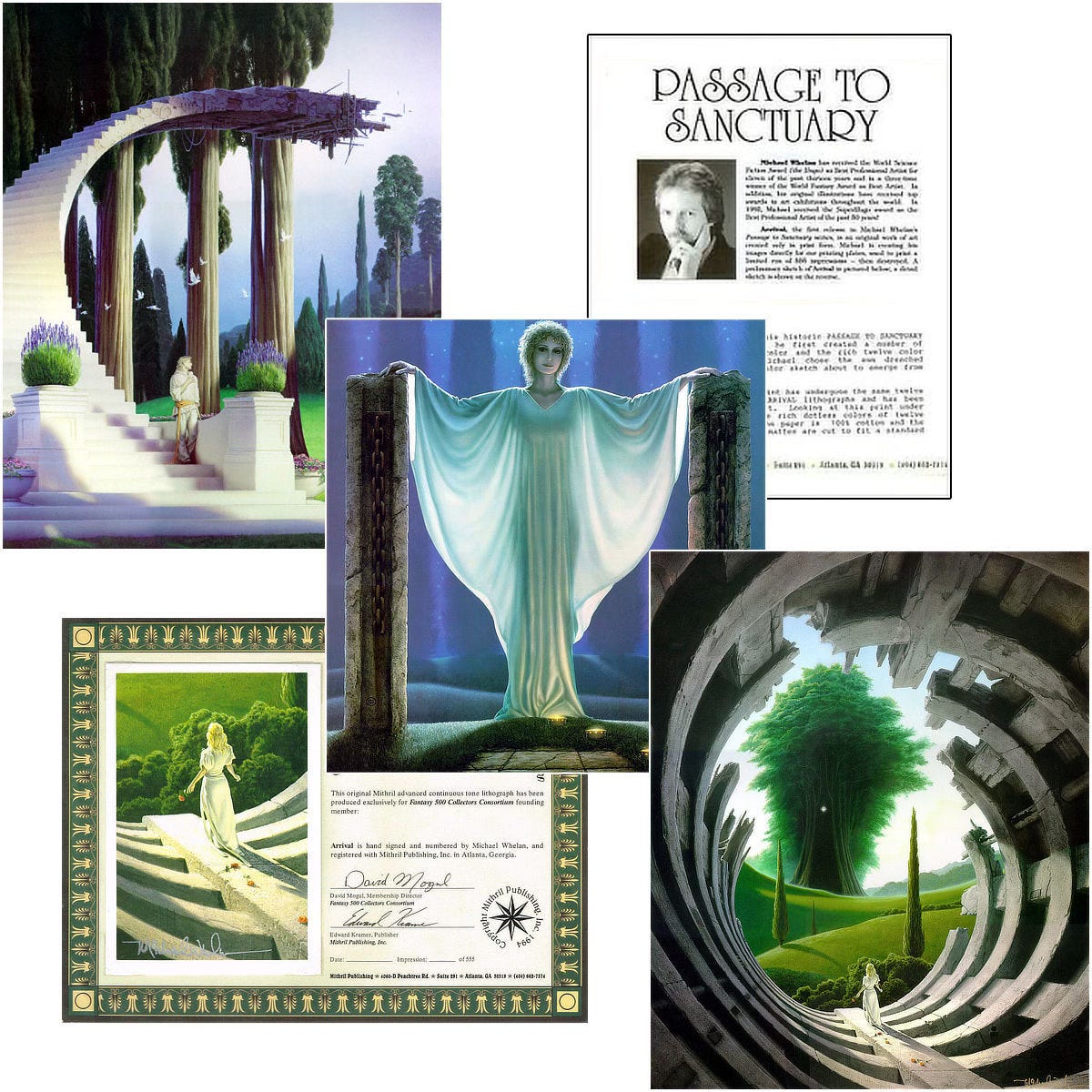 Three prints from the Passage to Sanctuary set featuring a letter from Mithril Publishing in the upper left and a Certificate of Authenticity with a small detail from Arrival signed by Michael Whelan