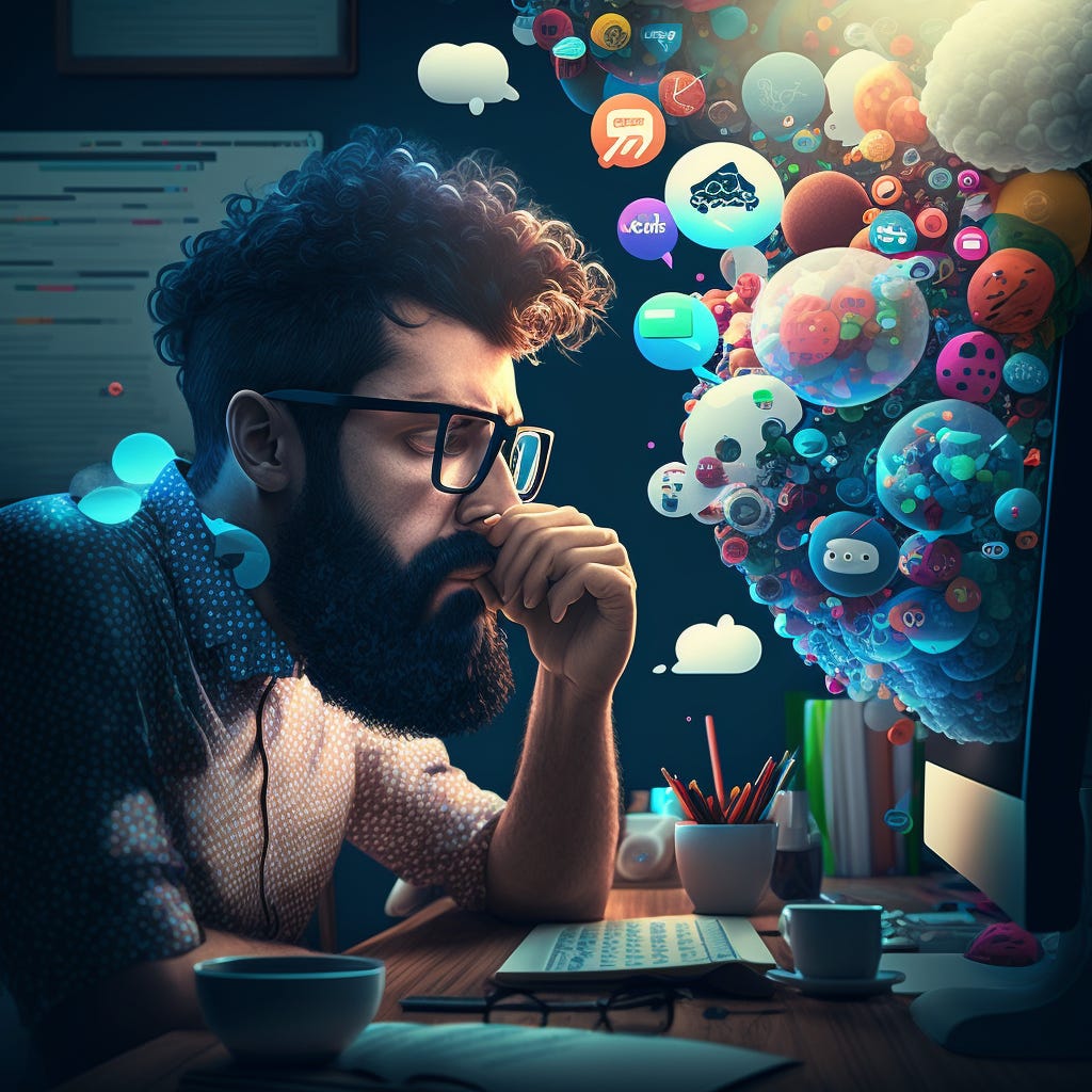 Man staring at screen filled with bubbles of code and apps
