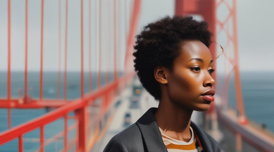 A woman stands on the Golden Gate bridge