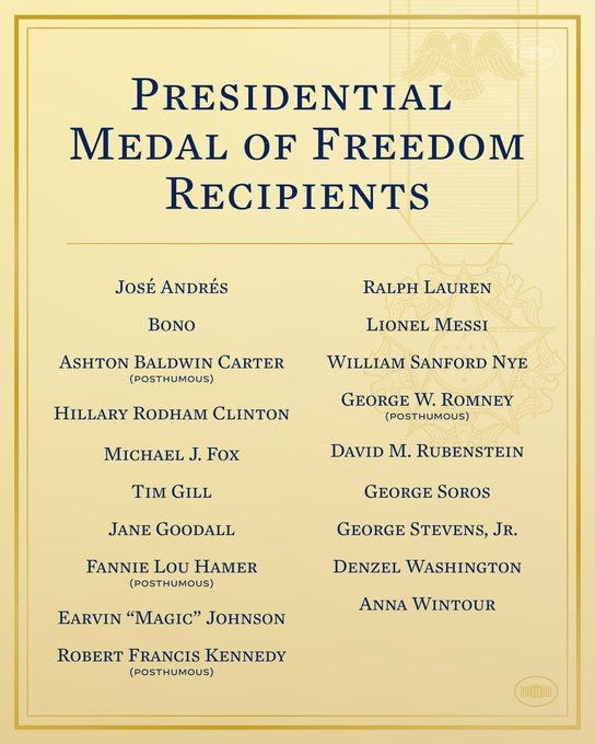 Presidential Medal of Freedom Recipients

José Andrés
Bono
Ashton Baldwin Carter (posthumous)
Hillary Rodham Clinton
Michael J. Fox
Tim Gill
Jane Goodall
Fannie Lou Hamer (posthumous)
Earvin “Magic” Johnson
Robert Francis Kennedy (posthumous)
Ralph Lauren
Lionel Messi
William Sanford Nye
George W. Romney (posthumous)
David M. Rubenstein
George Soros
George Stevens, Jr. 
Denzel Washington
Anna Wintour
