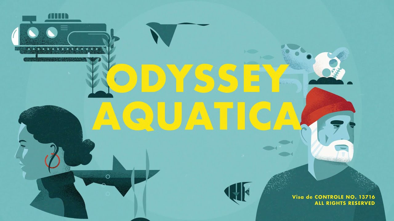 Odyssey Aquatica by Old Dog Games. A cover image in bright aquas with yellow text depicts fish, a shark, a manta ray, a submersible, and a couple of sailors reminiscent of the movie The Life Aquatic by Wes Anderson
