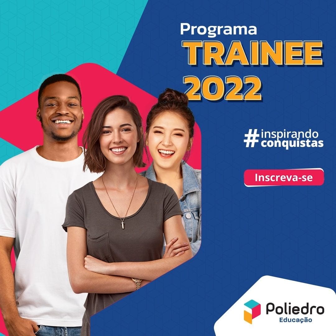 Programa Trainee 2022 - #inspirandoconquistas - Logo Poliedro Educação - Duas jovens e um rapaz sorrindo.